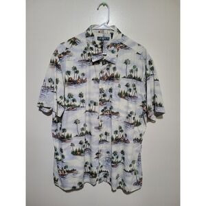 Campia Tropical Island Print Shirt Mens XXL White Blue Palm Tree Cotton Hawaiian